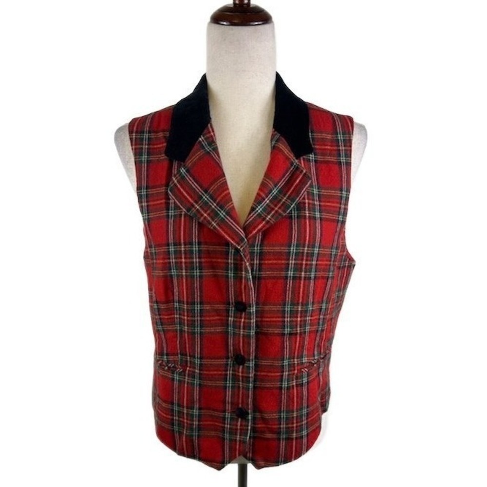 Vintage Casual Corner Women's Vest Red Plaid 100% Wool Velvet Collar Size 12